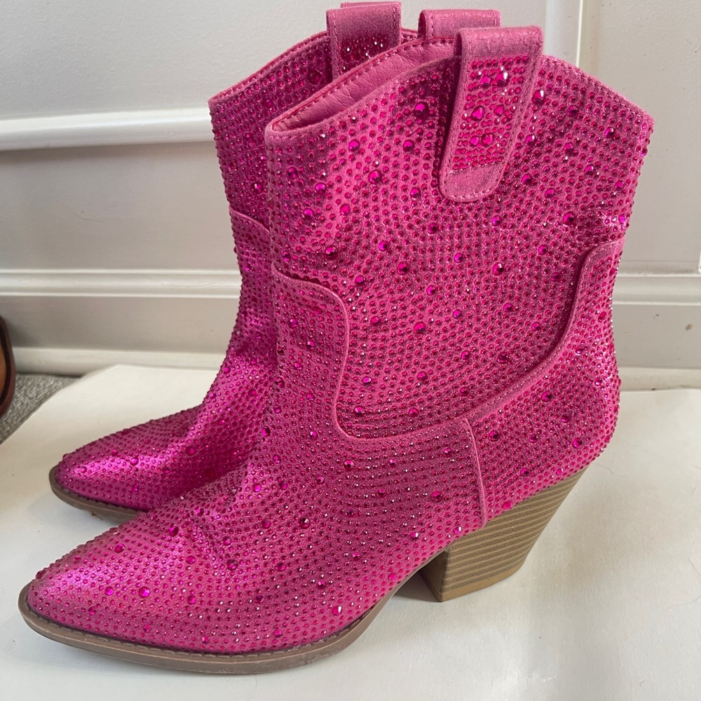 SHEIN Hot Pink Rhinestone Western Heeled Boots